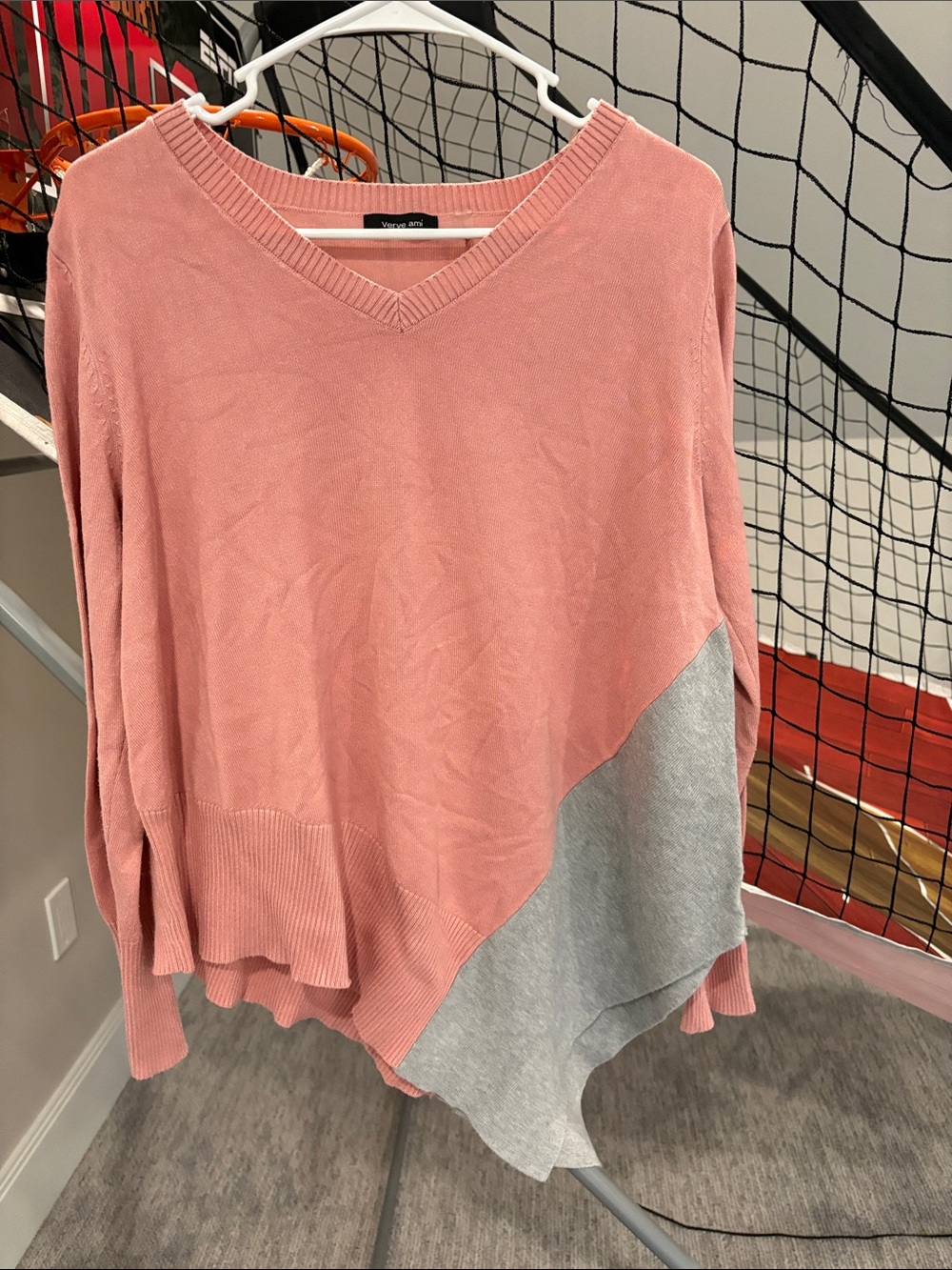 Pink & Light gray asymmetrical bottom   V-Neck Colorblock Sweater